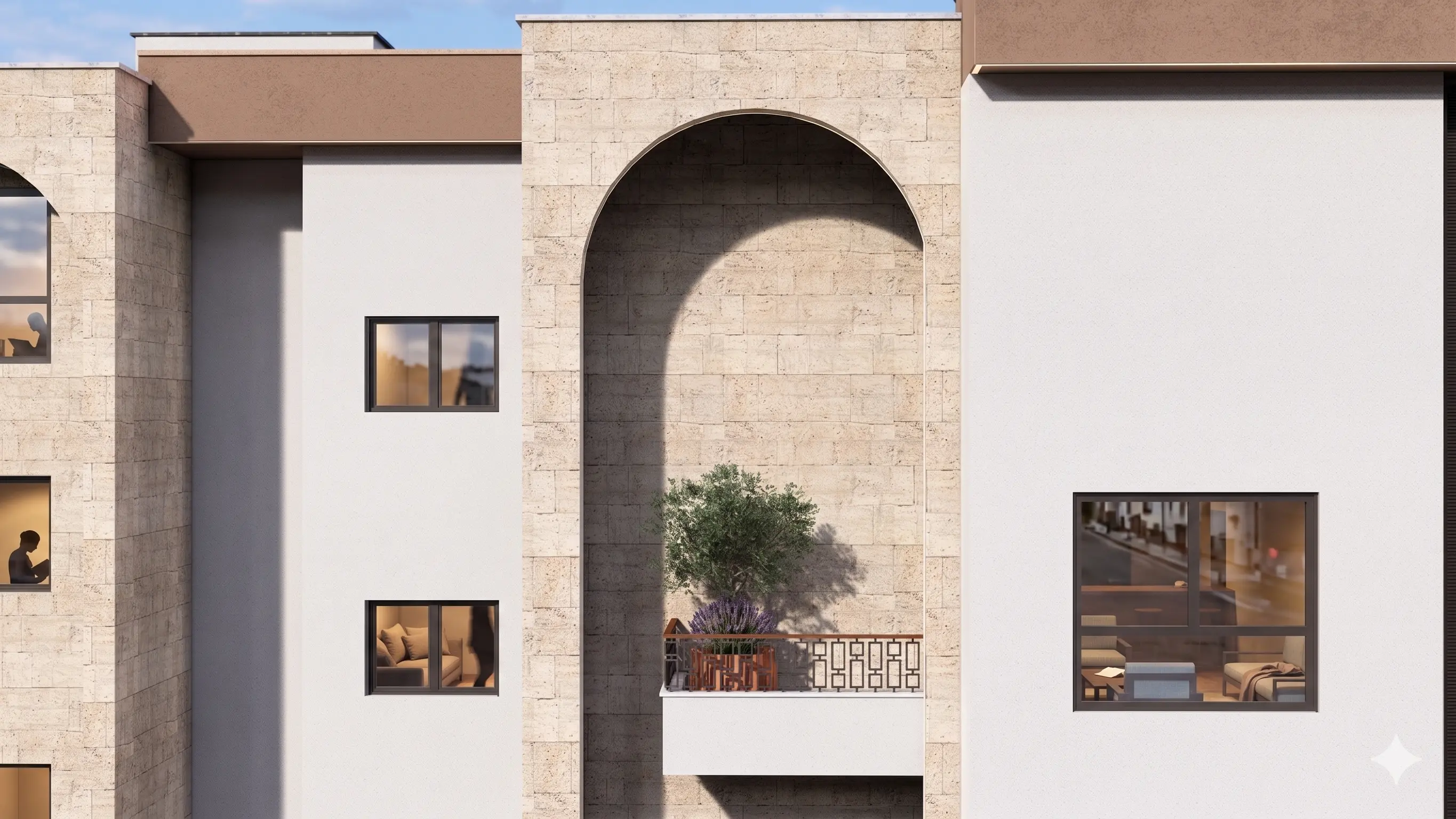 Baliv Residence, Detail Bogen, Naturstein-Fassade und Loggia