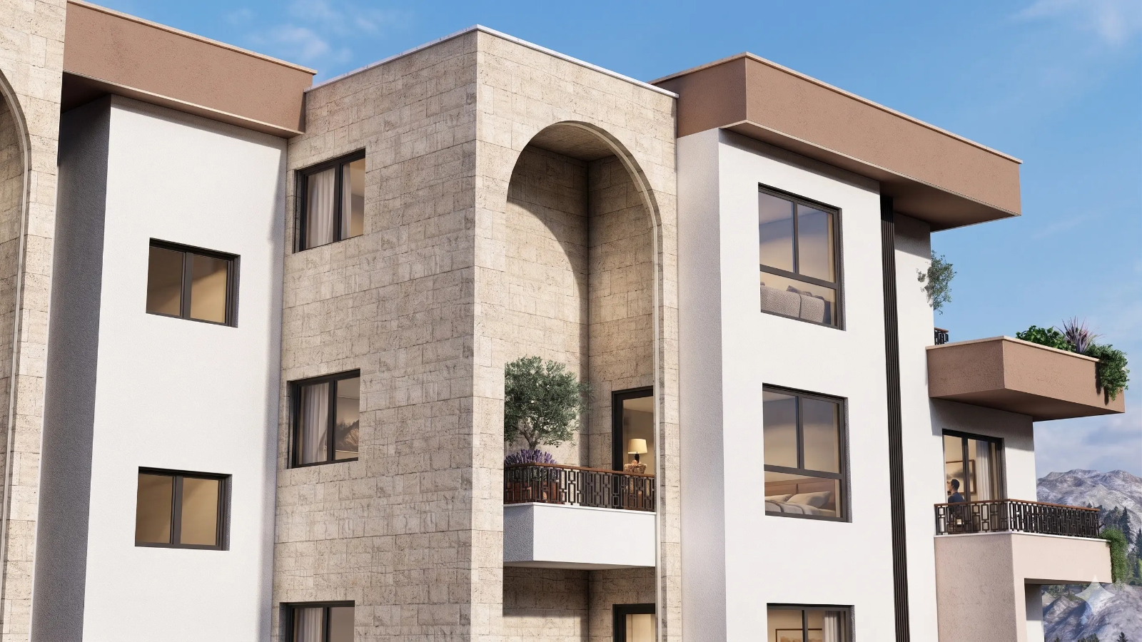 Baliv Residence, Eckdetail mit Steinverkleidung und Bogen