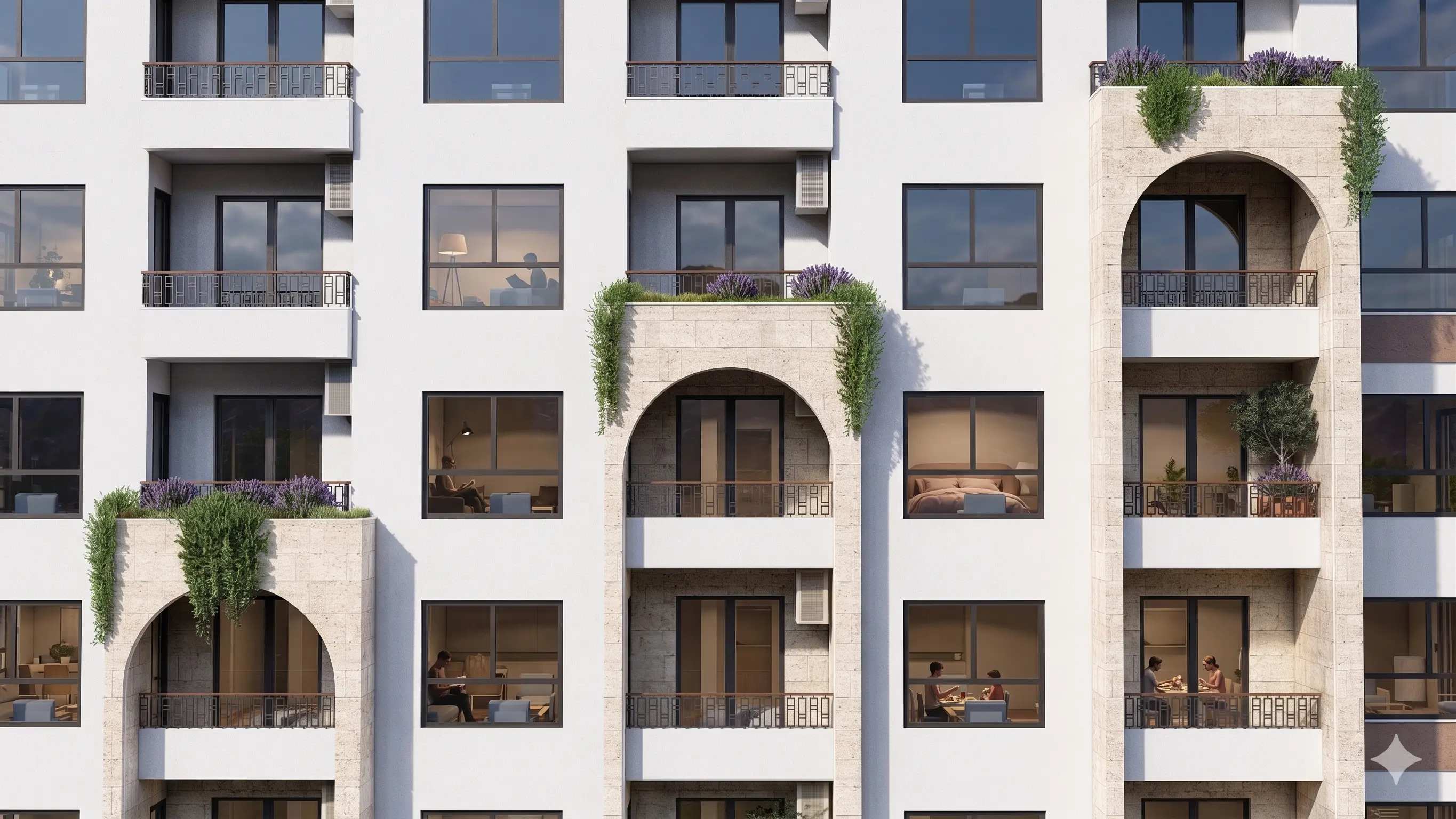 Baliv Residence, Fassade mit mehreren Steinbögen und begrünten Loggien