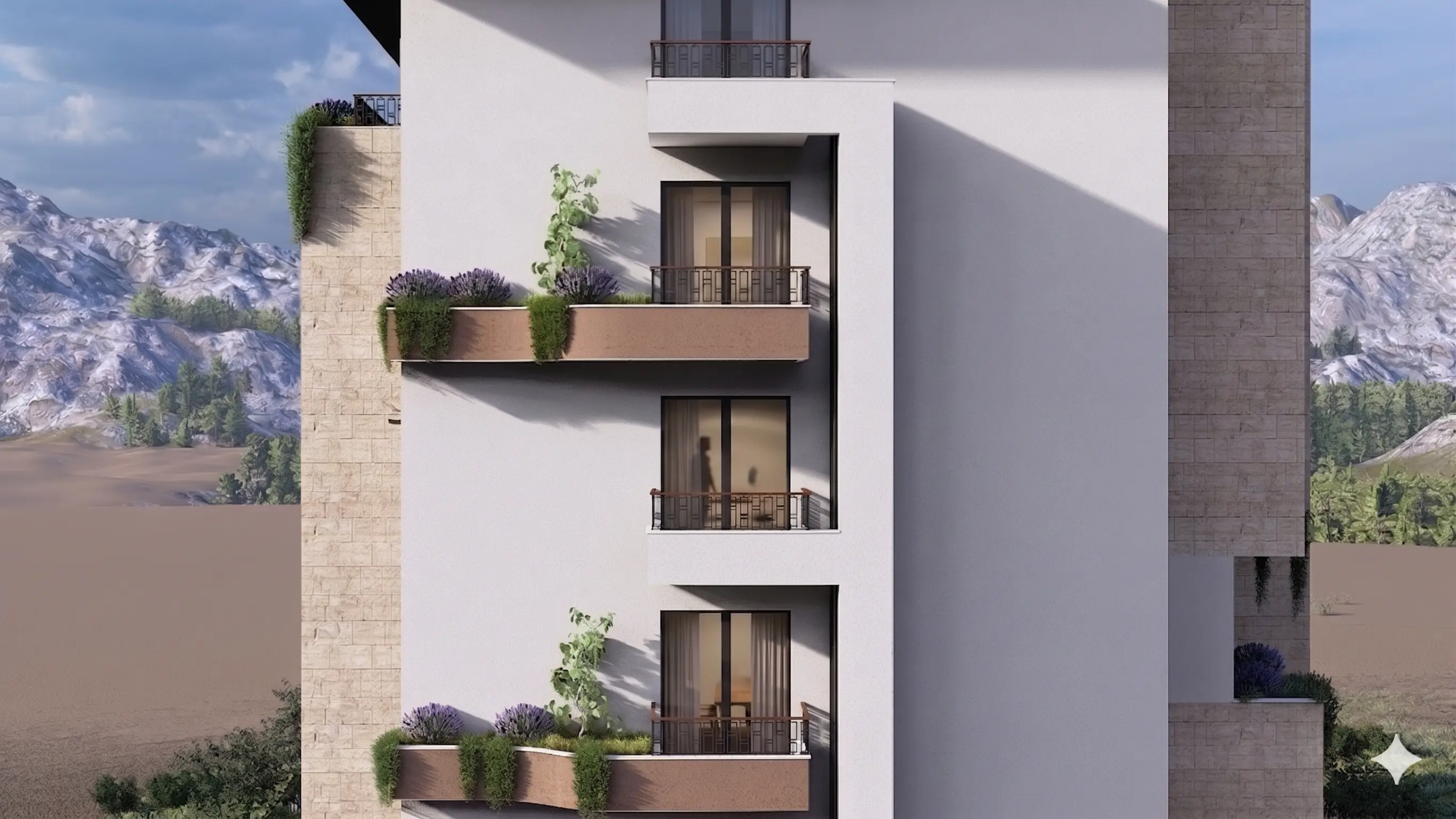 Baliv Residence, begrünte Terrassen mit Lavendel-Pflanzbändern und Bergblick