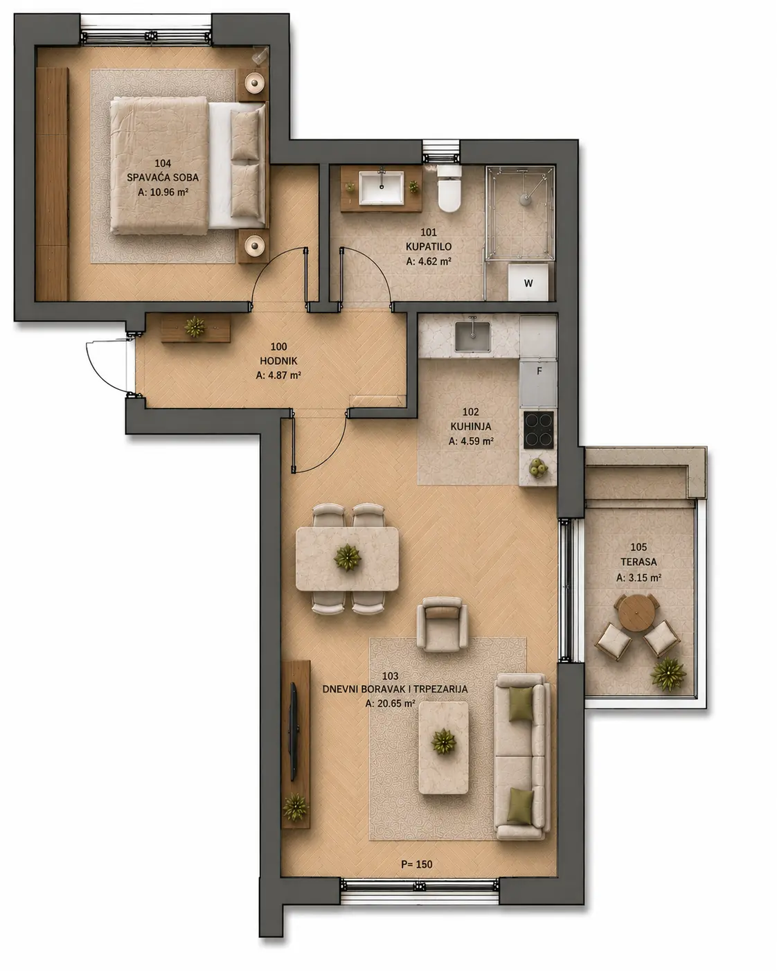 Grundriss Zweizimmerwohnung J 1‑1 · 48,84 m²
