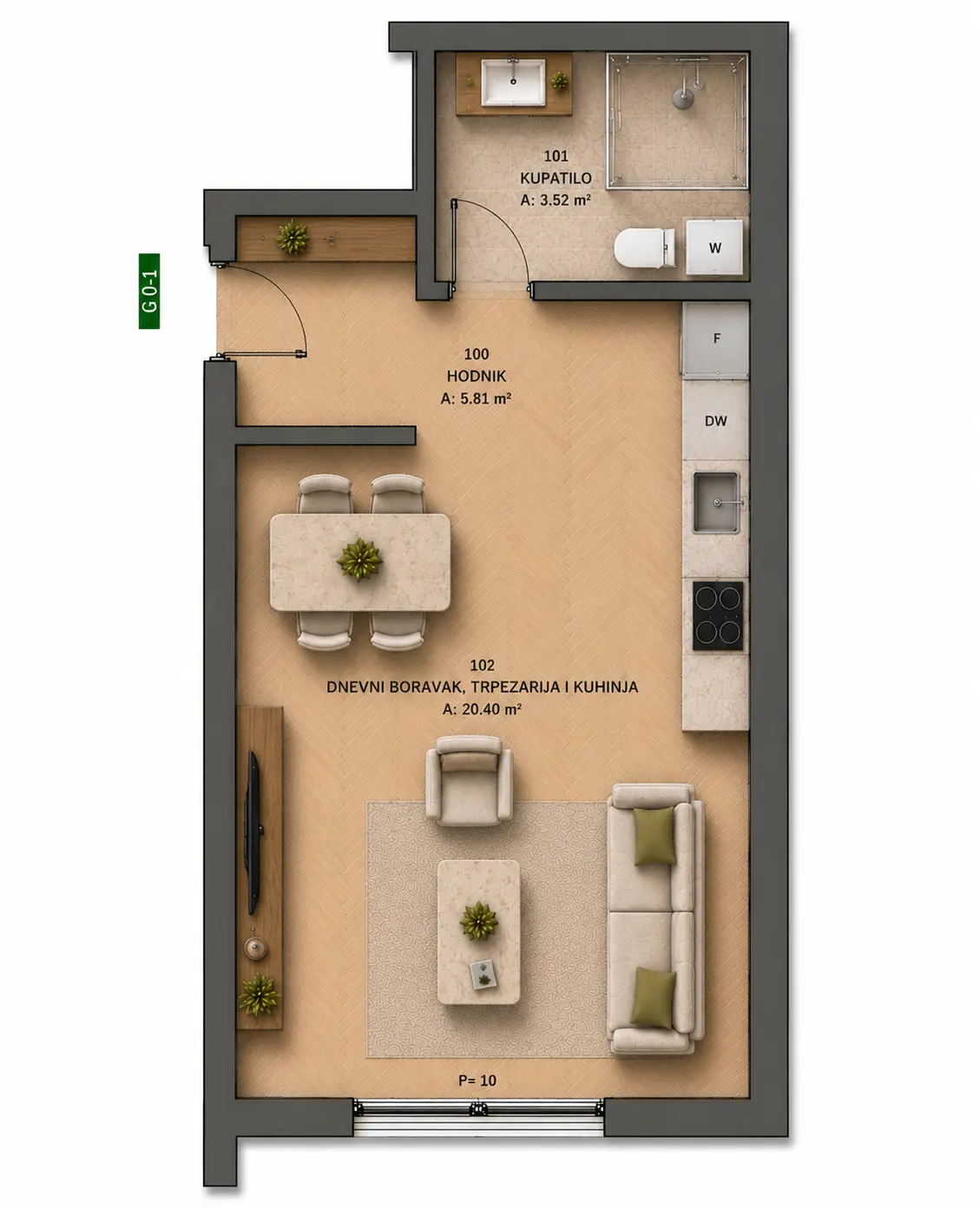 Grundriss Studio G 0‑1 · 29,73 m²