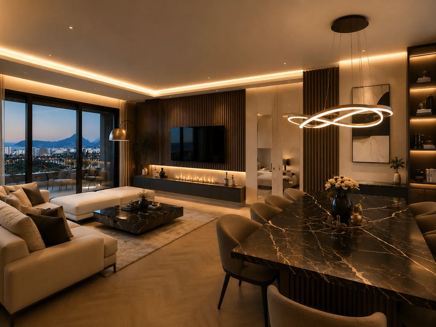 Baliv Residence, Wohn- und Essbereich am Abend mit warmer Lichtstimmung