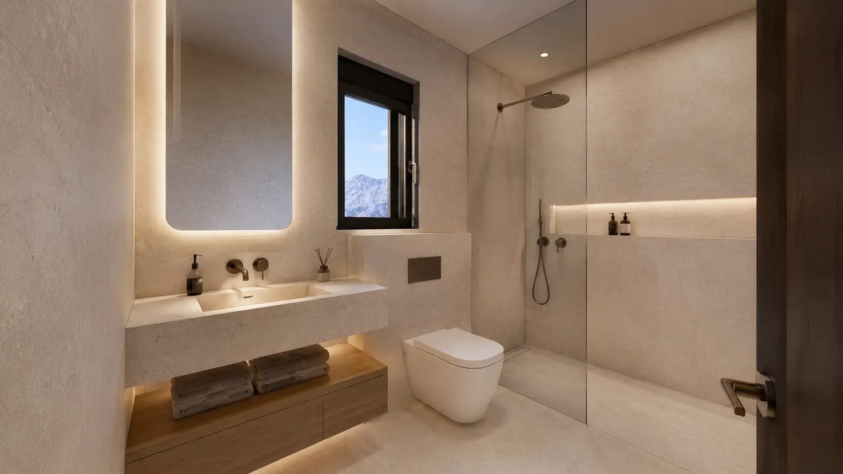 Baliv Residence, Bad in hellem Naturstein mit ebenerdiger Dusche, Hansgrohe-Armaturen und LED-Spiegel