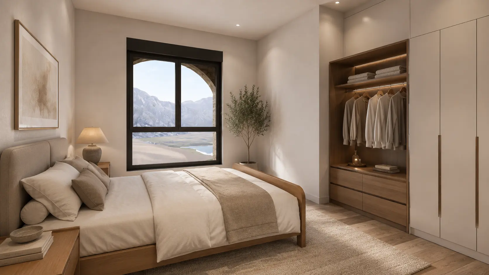 Baliv Residence, Schlafzimmer mit Bogenfenster, Bergblick und Einbaukleiderschrank